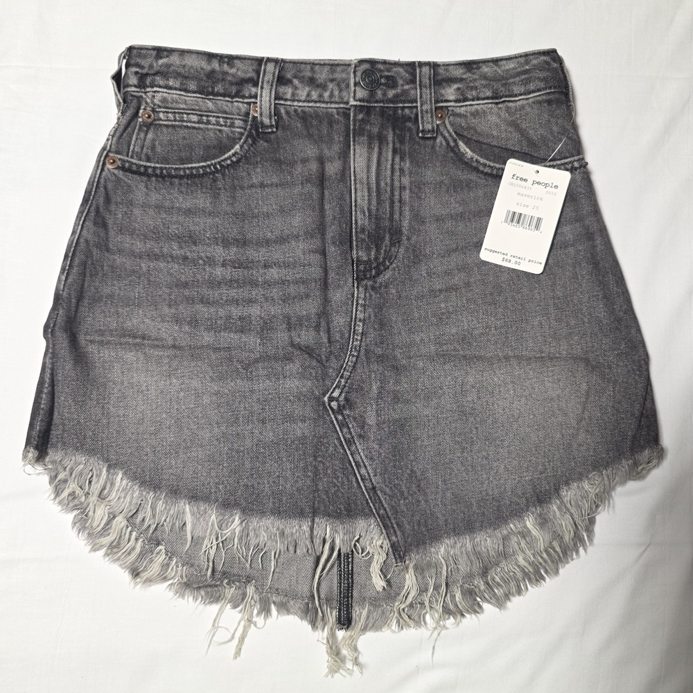 Free People Maverick Skirt Women 25 Mini Jean Black/Gray Denim Frayed Raw Hem